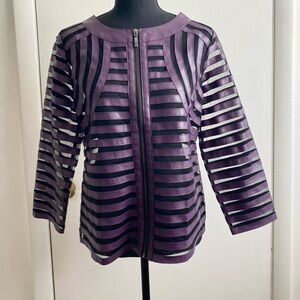 Chicos Travelers Leather Mesh Strip Zip Up